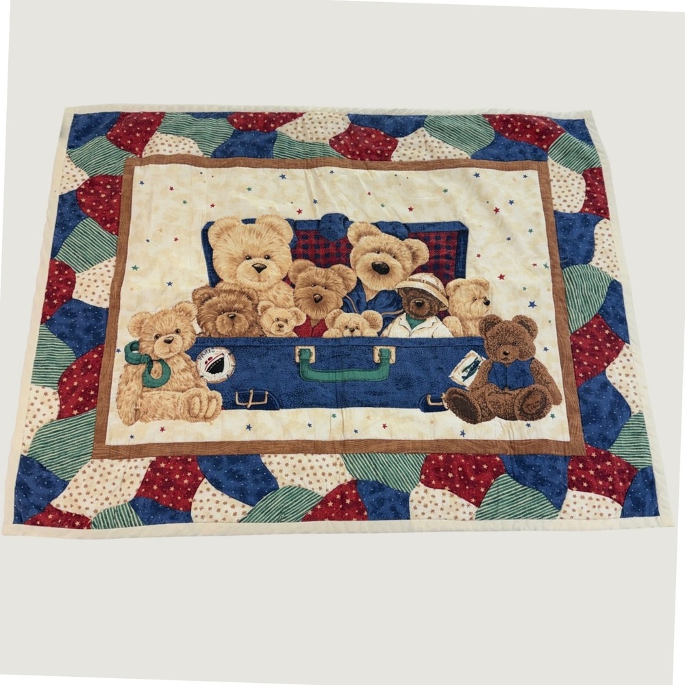 Vintage Teddy Bear Suitcase Quilt Baby Blanket Patchwork Stars Nursery 43x33